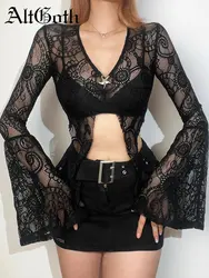 AltGoth Mall Goth Lace T-shirt Women Aesthetic Sexy See Through V-neck Flare Sleeve Crop Tee Tops Emo Alternative Indie Clothes