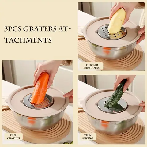 Rostfritt stål blandningsskålset med lock, kvarnförvaring, multifunktionellt köksverktygsset 10 best sales skål i rostfritt stål med lock - №3