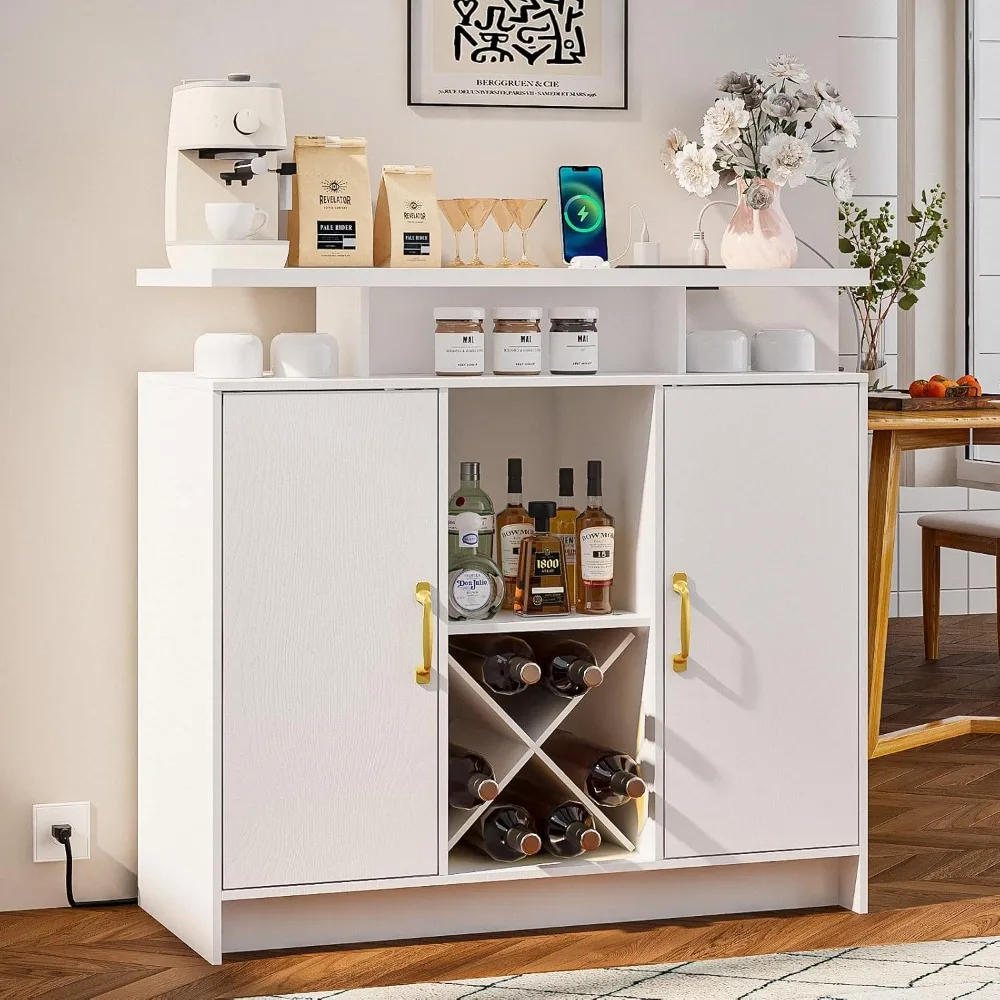 

Wine Bar Cabinet with Power Outlet and LED Light, Coffee Bar Cabinet with Wine Rack, Storage Shelves and Cabinets, Customized