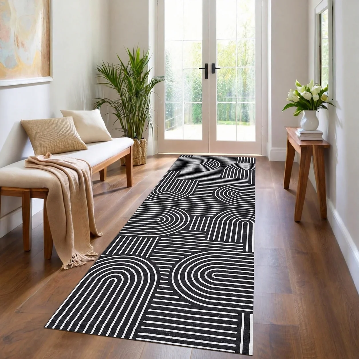 Kitchen Runner Rug Modern Geometric Line Rug Black White Floor Mat Contemporary Home Decor Hallway Carpet Kitchen Floor Decoration Stylish Entryway Runner Living Room Accent Daily Use Party Event Memorial Celebration Interior Design Gift Idea Space