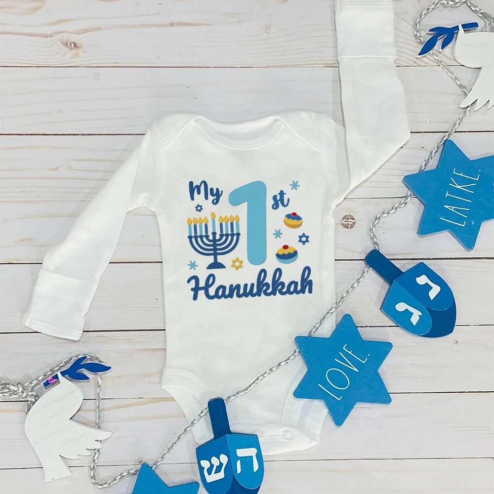 My First Hanukkah Printed Baby Bodysuit Jewish Holiday Infant Outfit Babies First Hanukkah Clothes Newborn Long Sleeve Romper