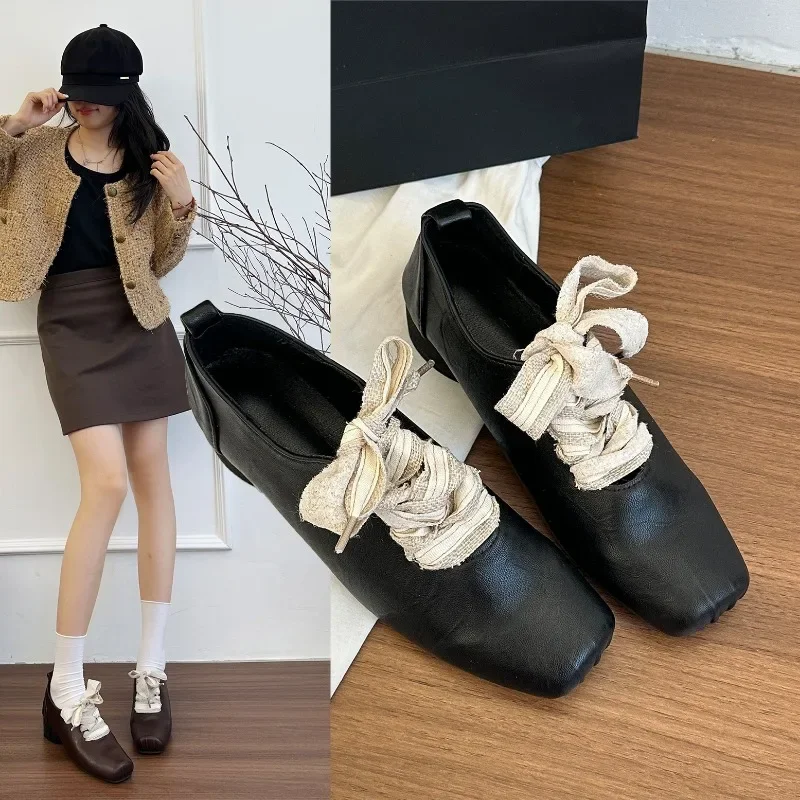 

Women's Shoes 2025 New Autumn Versatile Fashion Square Toe Mid Heel Women's High Heels Lace Up Outdoor High Quality Shoes Ladies