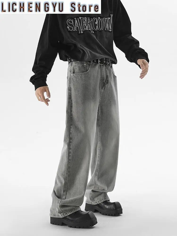 

Осенние новые мужские модные мешковатые джинсы, серые винтажные уличные широкие джинсовые брюки, мужские повседневные прямые брюки, уличная одежда