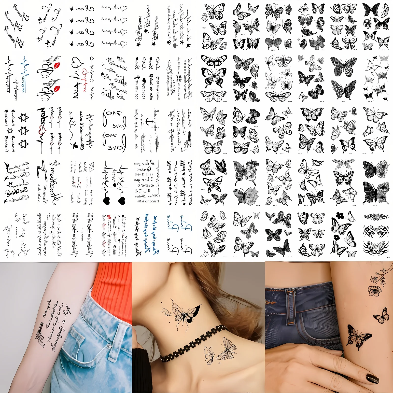 60pcs/set Butterfly Text Waterproof Tattoos English Words Quote Sentences Tattoos Sticker Decor for Women Men Wrist Ankle Back