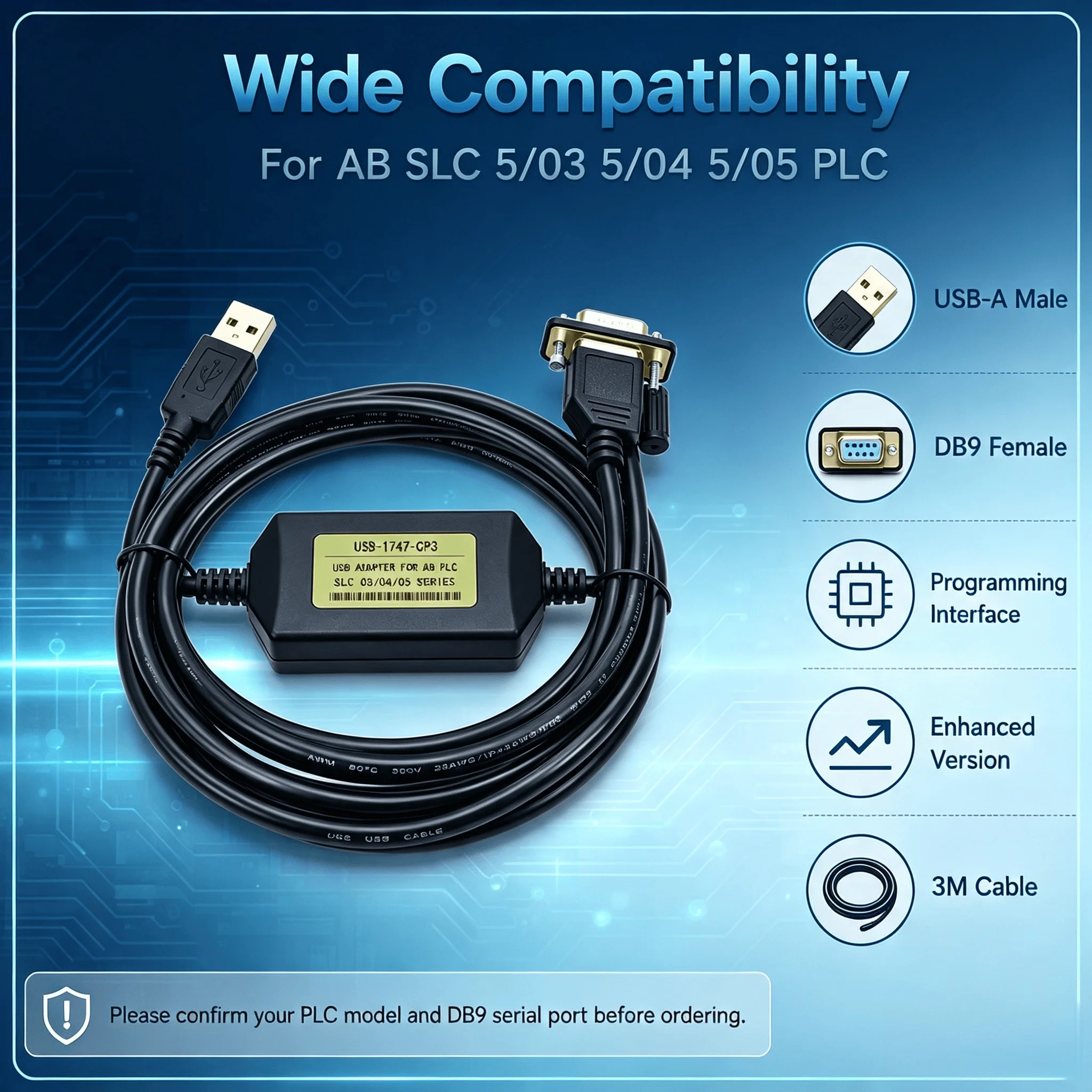USB-1747-CP3 PLC Programming Cable Compatible with AB SLC 5/03 5/04 5/05, 3M USB to DB9 10V Industrial Communication Cable