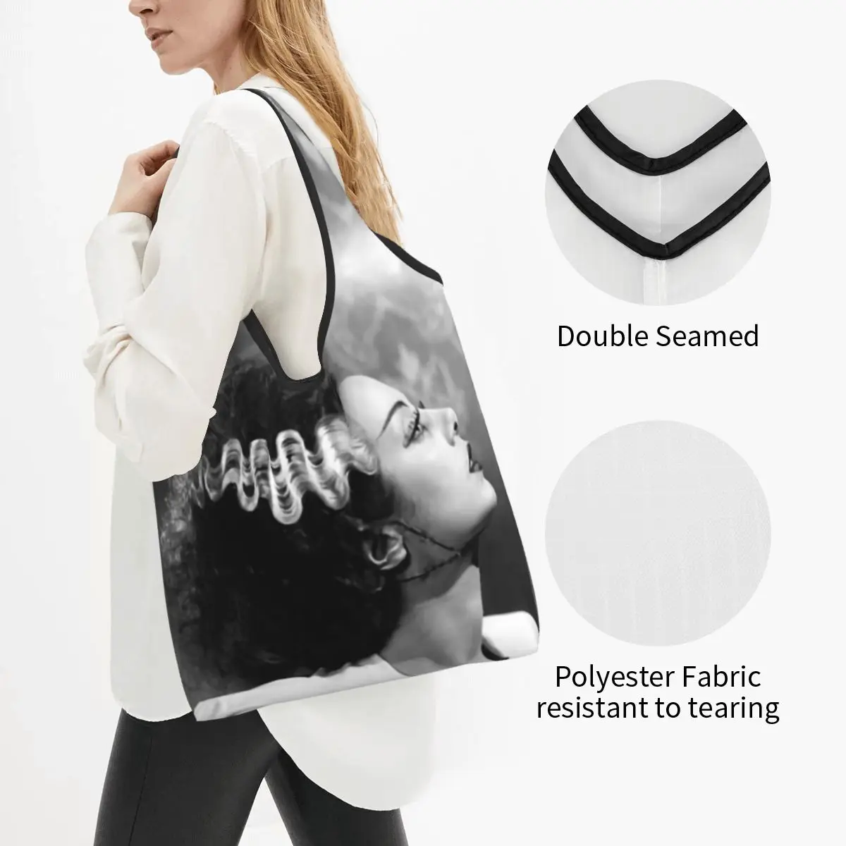 Custom Bride Of Frankenstein Shopping Bag Women Portable Big Capacity Groceries Science Fiction Horror Film Shopper Tote Bags