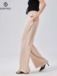 Birdtree, 19MM 90%Natural Silk Satin Straight Pants, Women Elastic Waisted Black, Loose Casual Trouser, Summer Autumn B47028QM