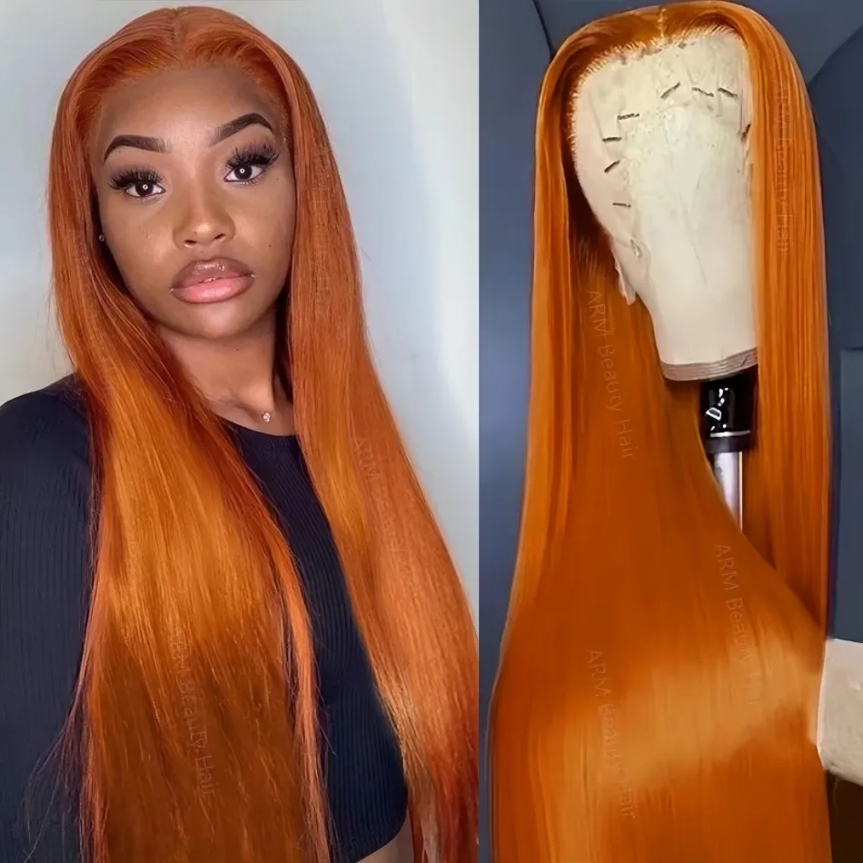 Perruque Lace Frontal Wig 100% naturelle, cheveux lisses, gingembre, 13x6, Hd, couleur Orange, pre-plucked, densité 250, 36 pouces, pour femmes