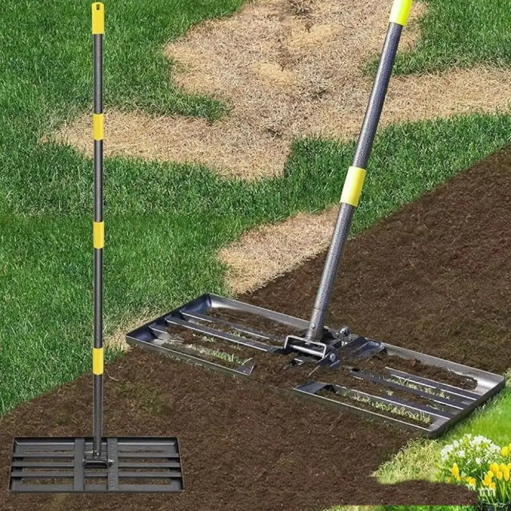 

Stainless Steel Lawn Leveling Rake Adjustable Handle Heavy Duty Soil Leveler Smooth Edge Non Flipping Garden Leveler Yard Use