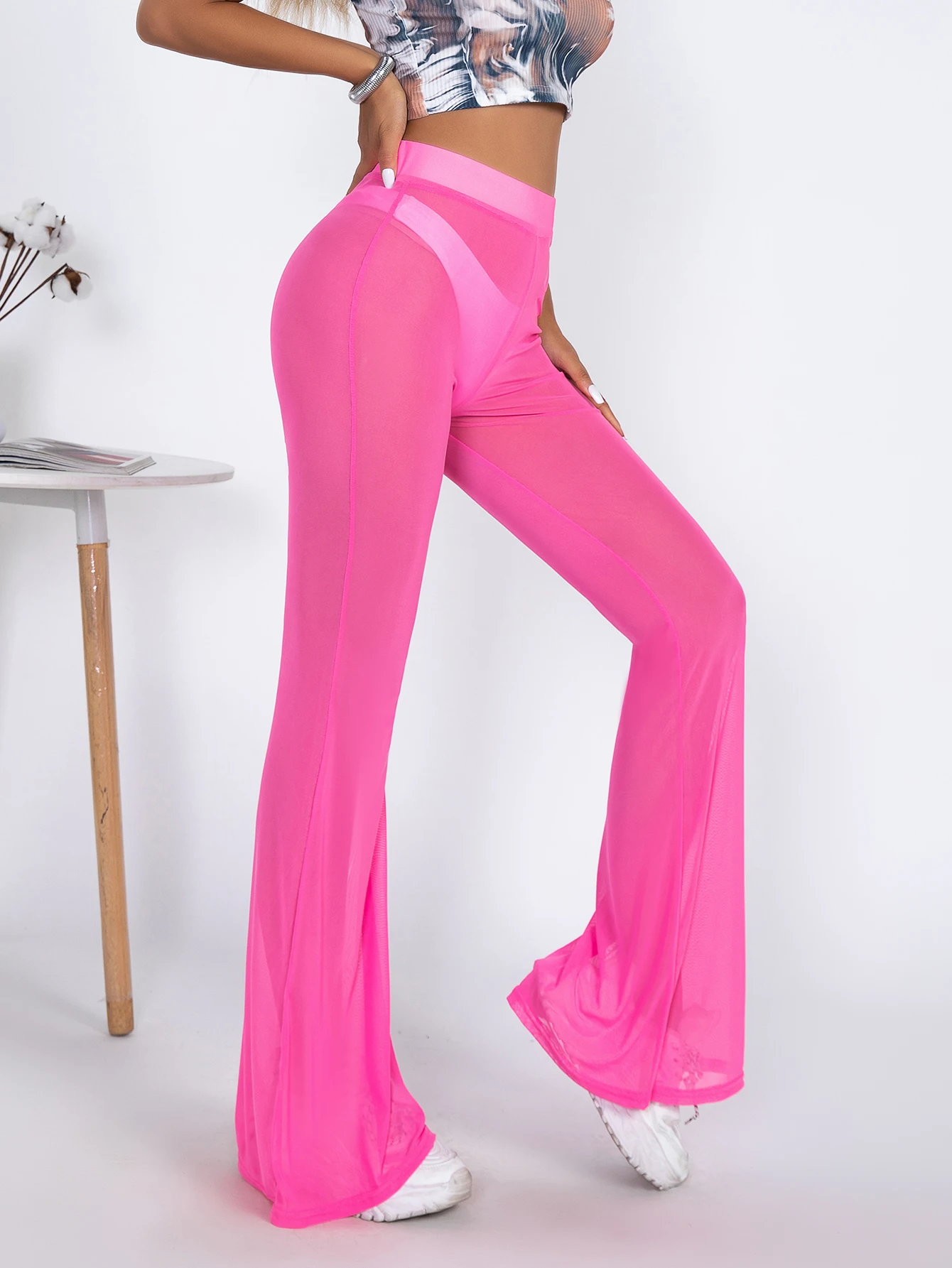 Europe And The United States New Hot-selling Mesh See-through Flared Pants Summer Fashion Sexy High-waisted Breathable Pants