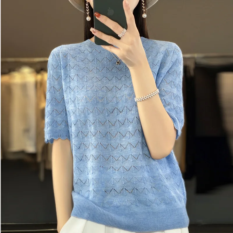 Spring and Summer New Hollow-out Half-Sleeved Women's Worsted Wool Inner Wear Fashionable All-Match Solid Color Daily Style Knit