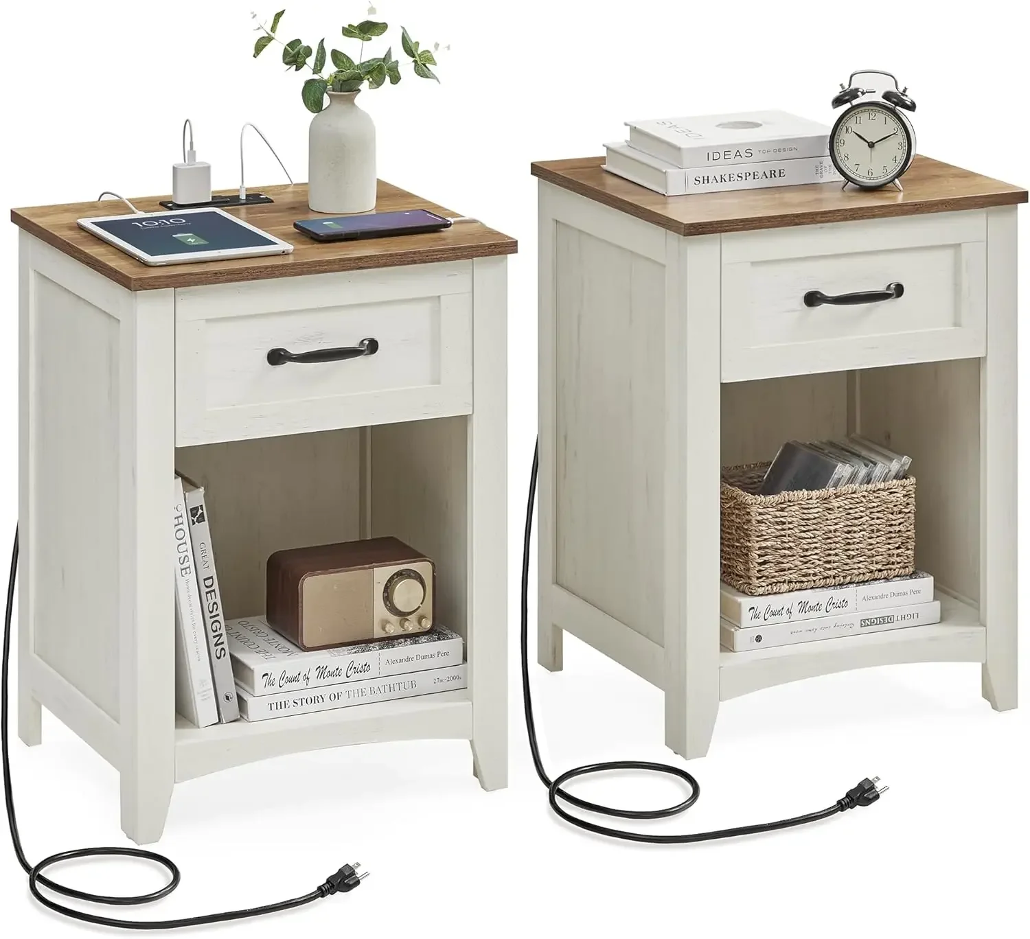 Farmhouse Nightstands with Charging Station, Set of 2, Bedside Tables with Drawer, Open Compartment, Side Tables with Storage