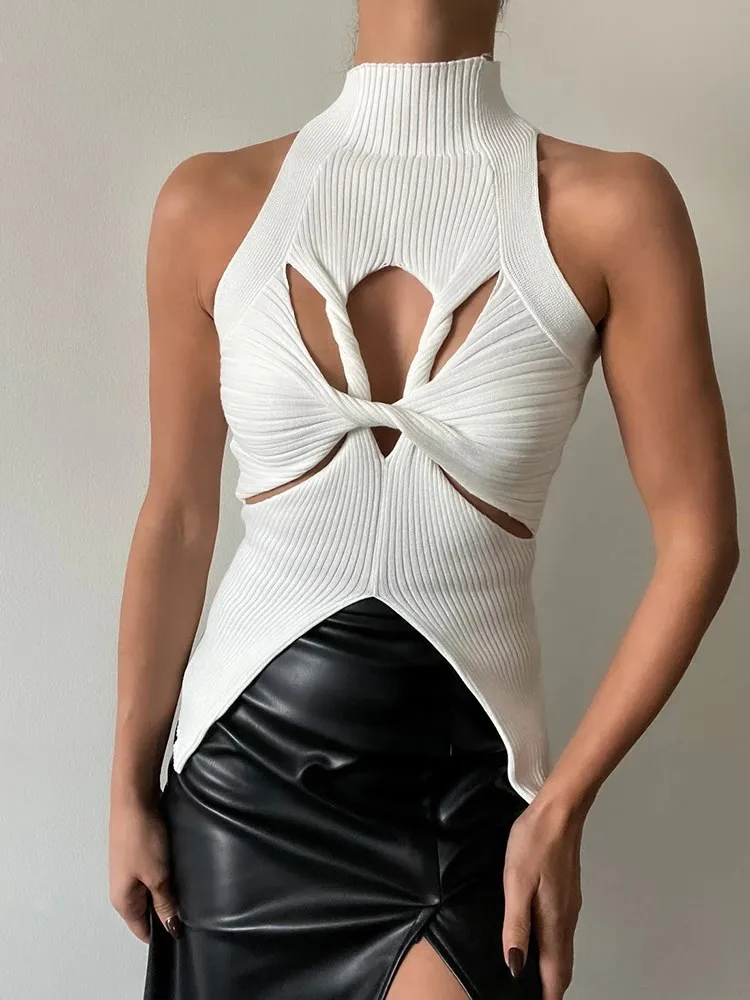 VGH Fashion minimalistyczny wydrążony podkoszulki jednolita seksowna dla kobiet z kołnierzem bez rękawów nieregularny bezrękawnik kobiet nowy