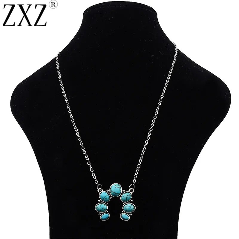 

ZXZ Tibetan Silver U Shape Faux Turquoise Stone Charm Pendant Chain Necklace 20"