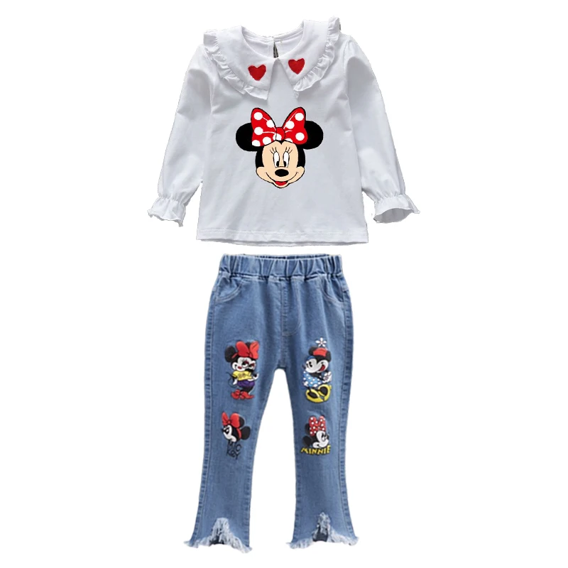 Tenue décontractée pour enfants, ensemble de vêtements pour bébé fille, col Minnie beurre, t-shirt à manches longues, jean évasé Y +, 2 pièces, nouveau