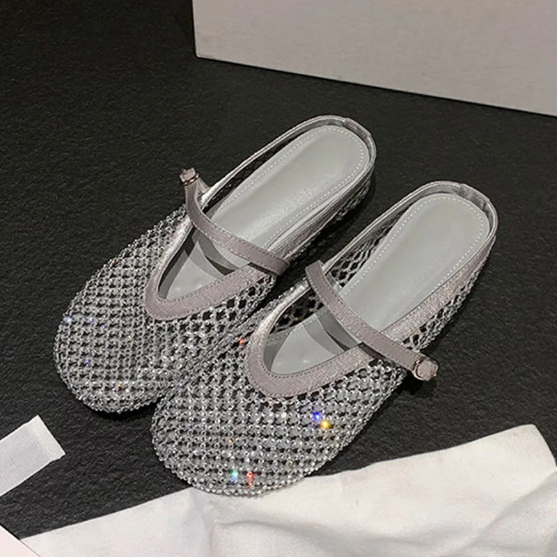 

Eilyken CRYSTAL Diamond Breathable Mesh Round Toe Women Slippers Fashion Elegant Low Heels Buckle Strap Mule Shoes