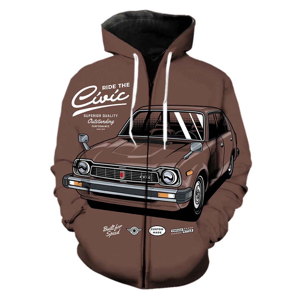 

Cartoon Vintage Car Men's Zipper Hoodie Unisex Oversized Sweatshirts 3D Print Tops Fashion Long Sleeve Harajuku Hip Hop Cool