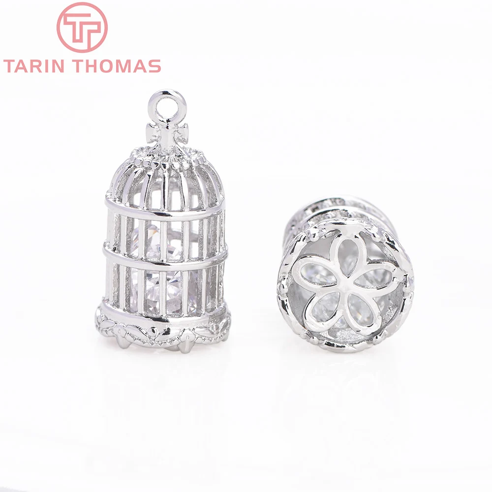 (1633) 4PCS 11x21MM 24K Champagne Gold Color Plated Brass with Zircon Bird Cage Charms Pendants High Quality Jewelry Accessories