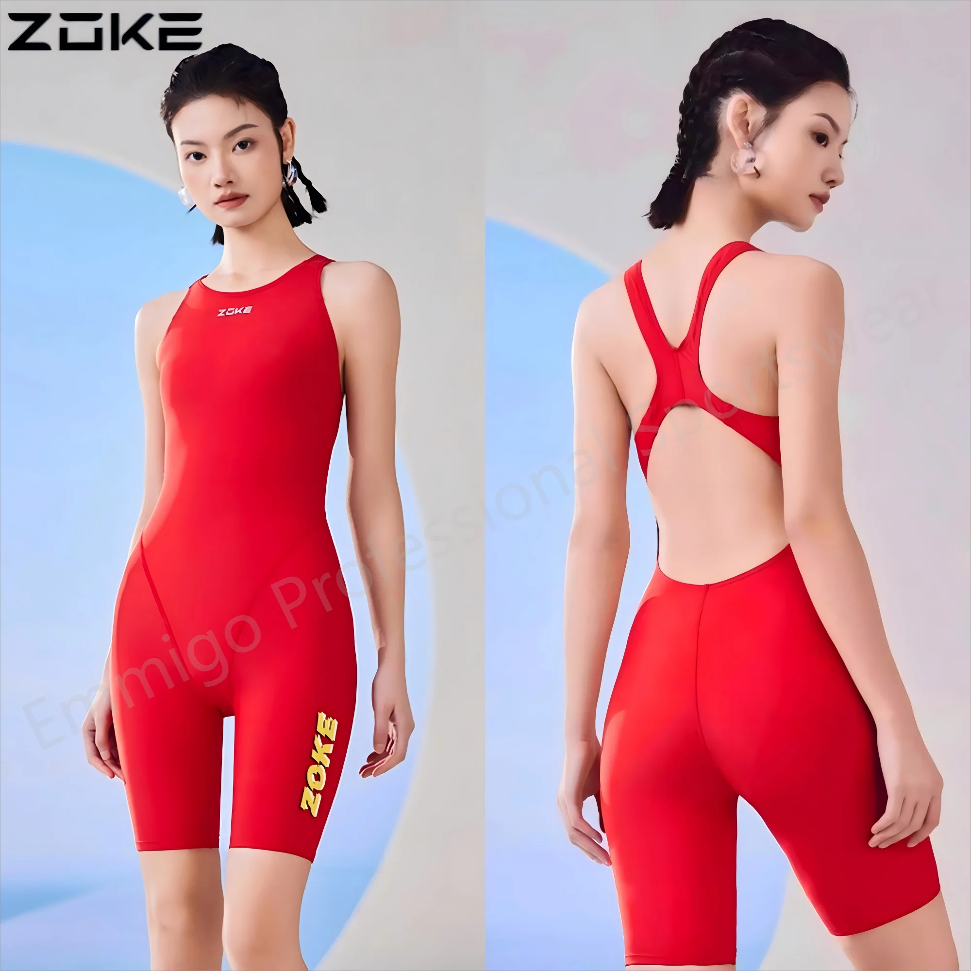 

Zoke Red Women's Competition Swimwear Knee Length Resistant Training Swimsuit Quick Dry Breathable Kneesuit