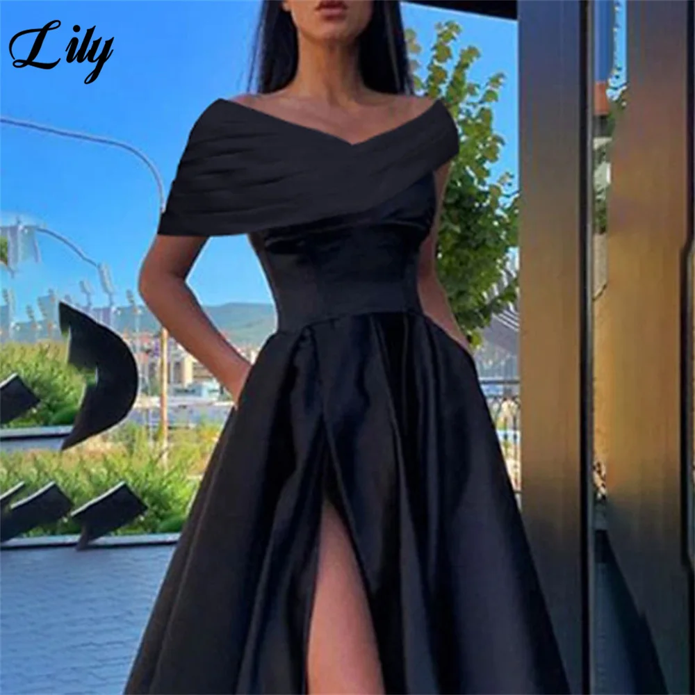 Lily Black A Line Evening Dresses Side Split Stain Charming Prom Dress Off the Shoulder V Neck Party Dresses vestidos de noche