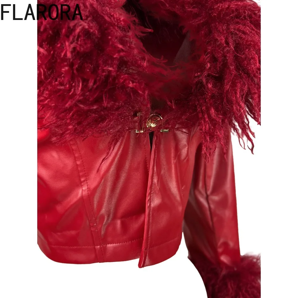 FLARORA Moda Patchwork in pelliccia sintetica Set da 2 pezzi Donna Cardigan con scollo a V Giacche e pantaloni skinny Abiti Autunno Vintage Streetwear