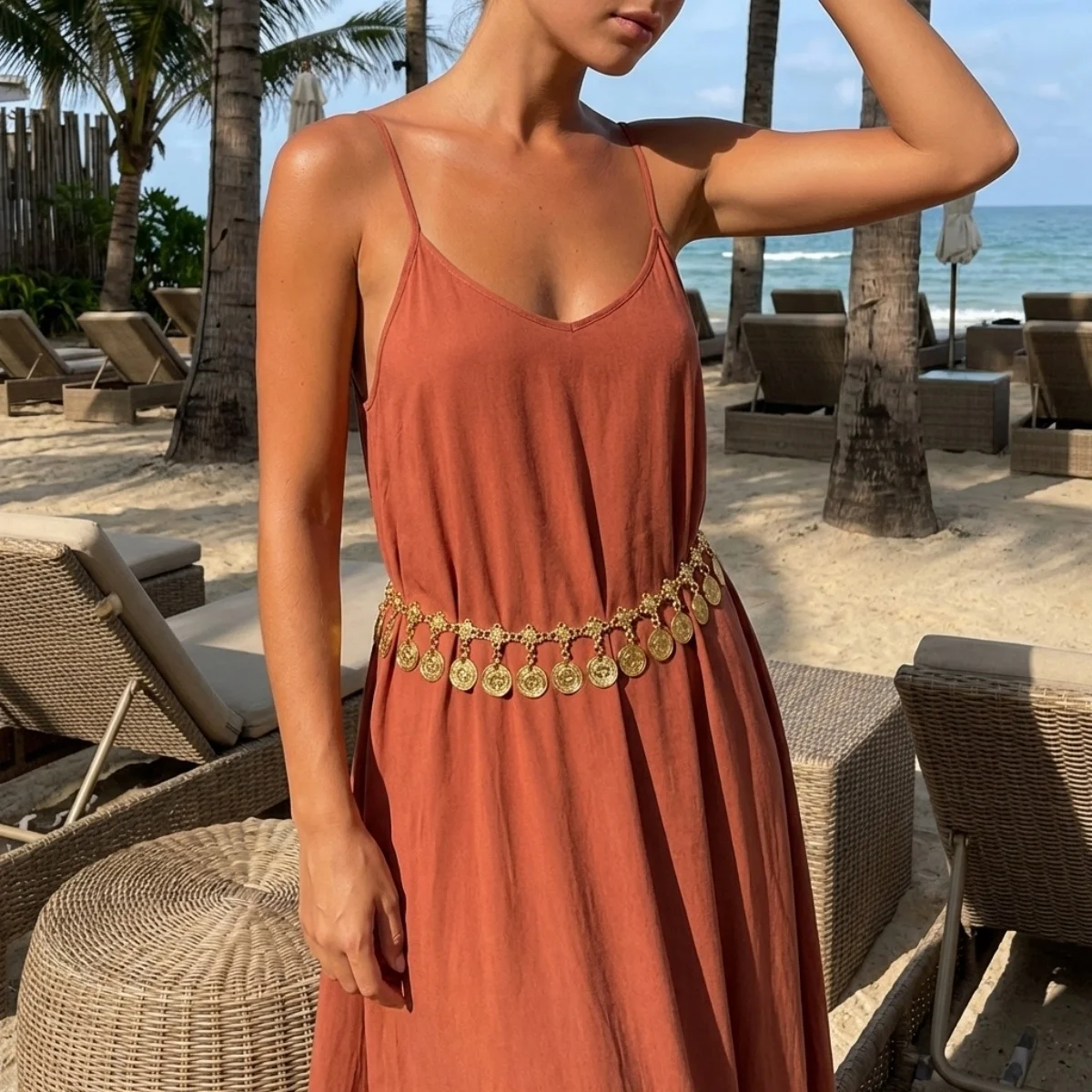 Sommerliche ethnische Vintage-Rundmünzen-Quasten-Taillenkette für Damen und Herren – Blumen-Strand-Bauchkette, modischer Körperschmuck, Geschenk – Detail 10