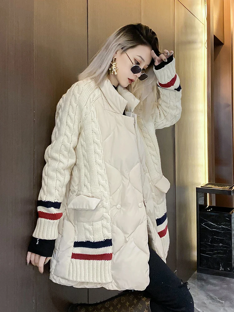 

Knitting Patchwork Woman Down Coat New Fake Two Piece Thickening Women Jackets Single-Breasted Pockets Fashion Female Winter