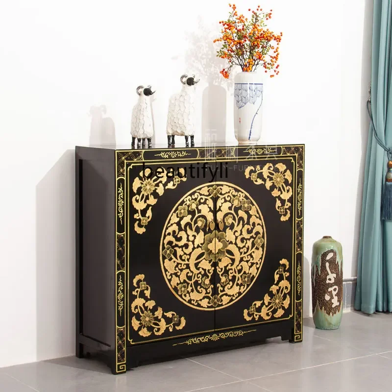 Chinese Style Solid Wood Shoe Cabinet Painted Lacquer Hand Painted Entrance Cabinet Locker Shoe Cabinet Vintage Furniture