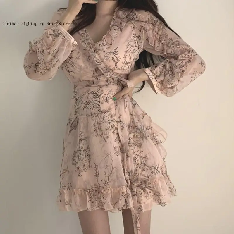 Japanese Style Floral Printed A-Line Chiffon Dress Black Summer Vintage Ruffles V-Neck Korean Dresses for Women Korea