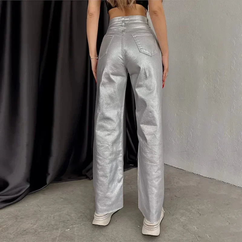 Women's New Fashion Silver High Waist Strap Pants Vintage Pockets Elegant Commuting Casual Loose Fit Women's Shiny Pants Y2K