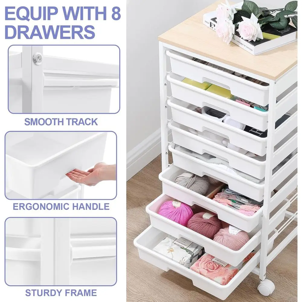 عربة تخزين دوارة مع أدراج، عربة أدوات مع 8 أدراج وطاولة خشبية، عربة درج دوارة، عربة درج تخزين لـ Li #3