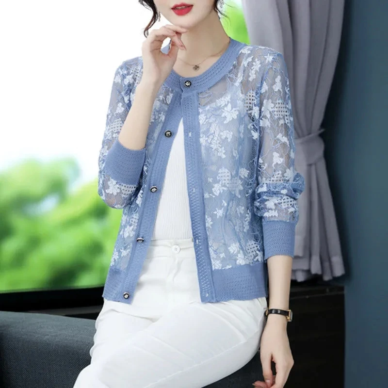 Summer Lace knitted Sunscreen Cardigan Jacket 2024New Women Fashion Mid-Aged Short Shawl Conditioning knitwear Shirt Coat Female