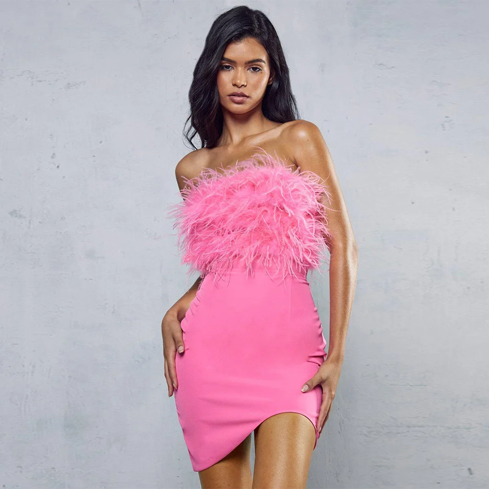 

Elegant High-End Women's Sexy Ostrich Feathers Tassel Wrap around Waist Skirt Bustier Dress High Waist Sleeveless Winter City...