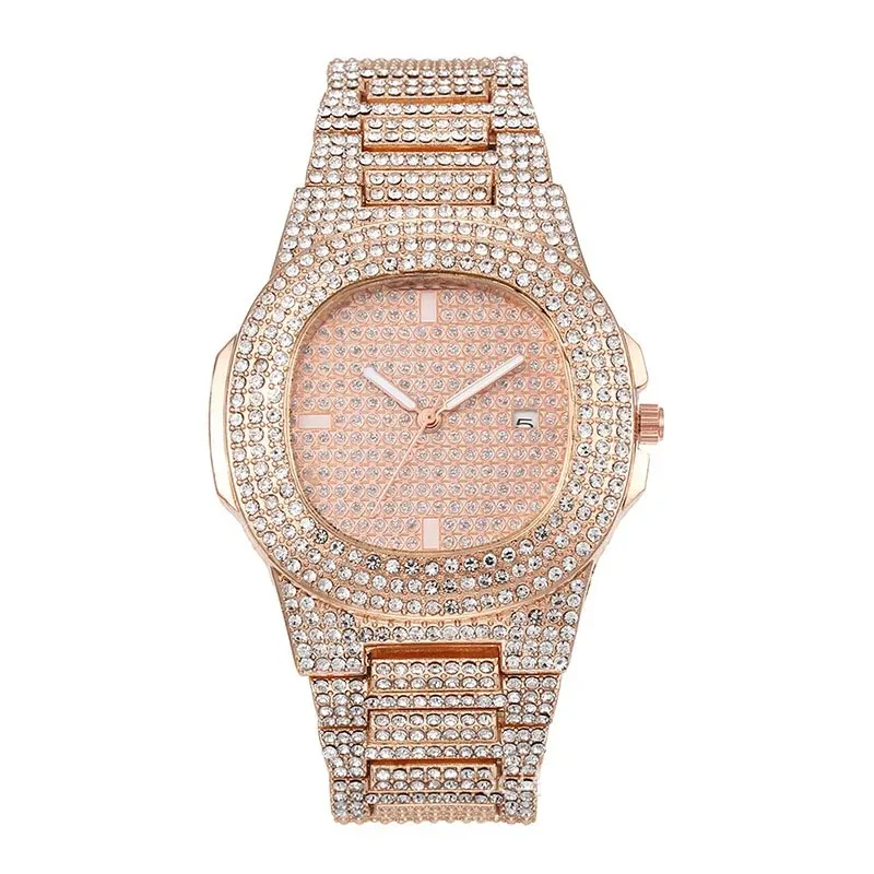 Montre Hip Hop avec Strass Brillants pour Homme, Horloge de Luxe Cool, Ceinture en Acier Glacé, Design Sky Star