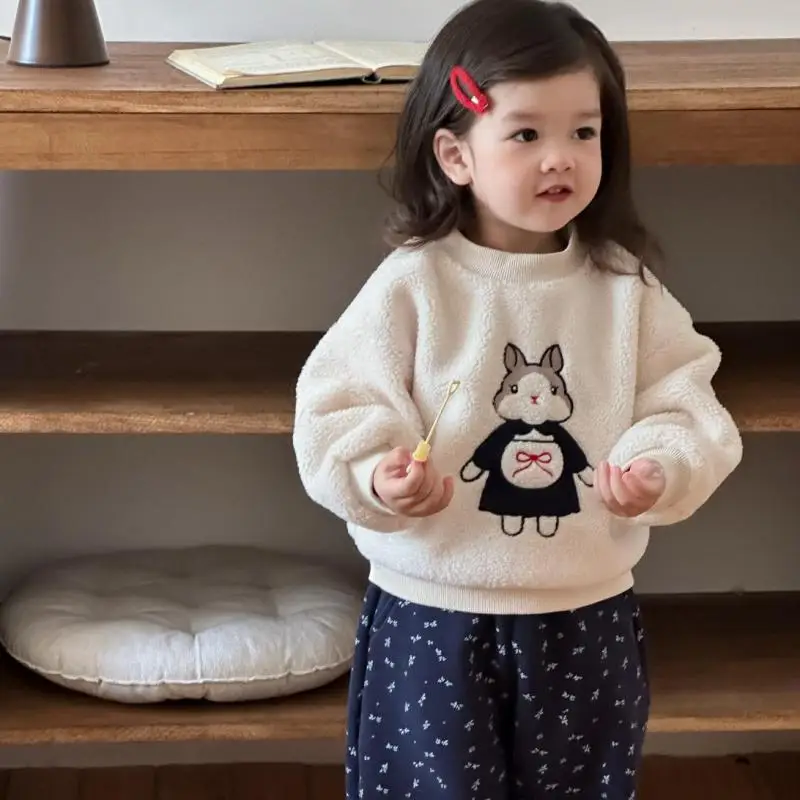 

2025 Winter New Children Fleece Sweatshirt Long Sleeve Girls Cartoon Pullover Baby Warm Plush Tops Kids Casual Sweatshirt