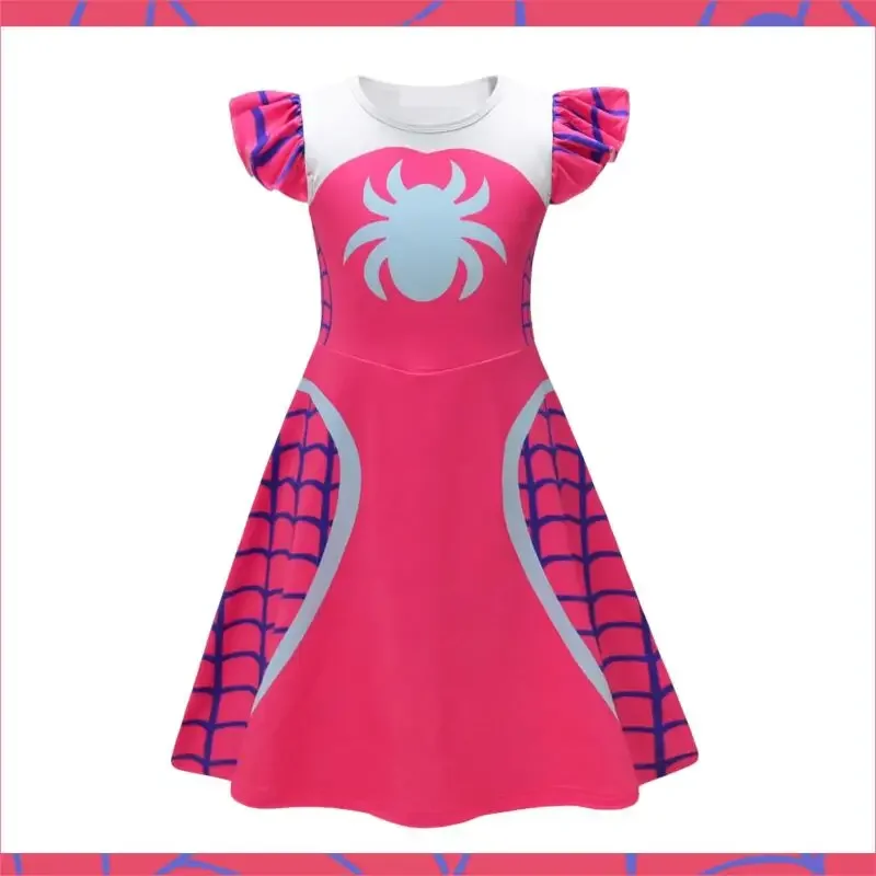 

Summer Purple Spider Web Dress Gwen Stacy Inspired Pink Flying Sleeve Knee Length Outfit Spider-Gwen Cosplay Party Costume