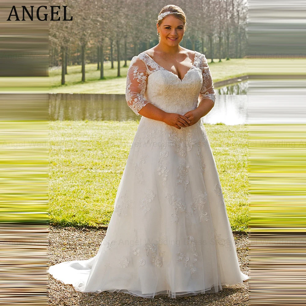 

ANGEL Plus Size Wedding Dresses 3/4 Sleeve Applique Vestido De Novia Classic V Neck Bridal Gown For Women Lace Up Custom Made