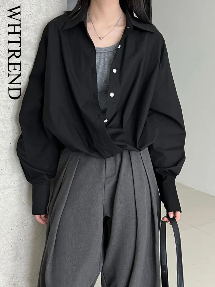 

WHTREND Korean Style Large V-Neck Layered Shirt For Women Designer Hem Waist-Tightening Blouse Autumn New WH1319