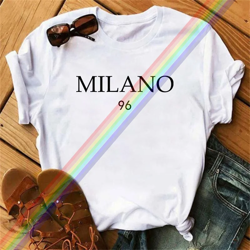 Ladies' 100% cotton summer loose-fitting MILANO 96-letter printed slim-fit casual sport round-neck short-sleeved T-shirt top
