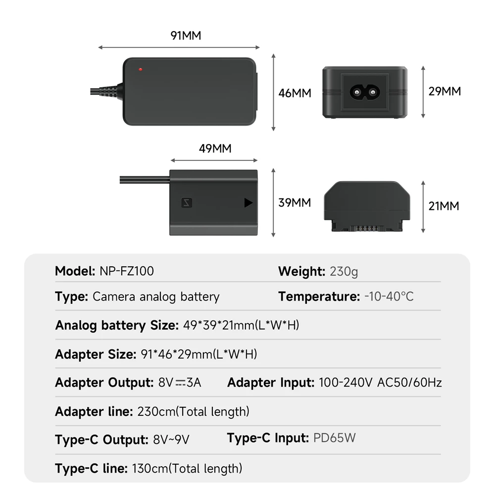 Palo NP-FZ100 NP FZ100 Dummy Battery AC-FZ100 DC Coupler for Sony a6600 a7C A7M3 A7RM3 A7RM4 A7SM3 a9 A9M2 ILCE-7SM3 ILCE-9