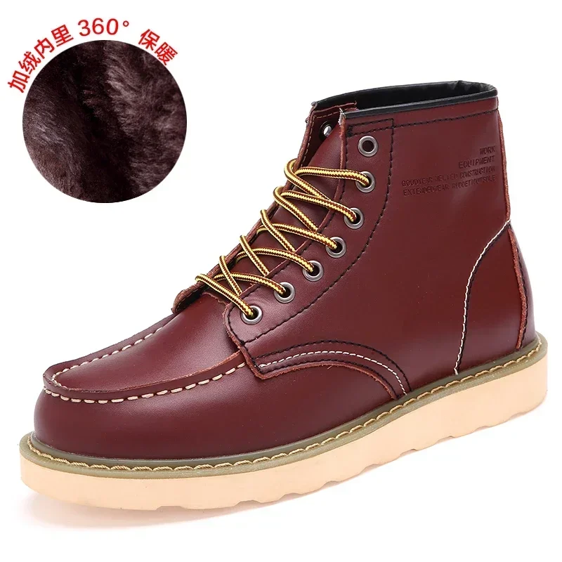 Velvet Men\'s Leather Boots British Style Motorcycle Boot Casual Leather Work Shoes Warm Non-slip Waterproof Trendy Cotton Shoe