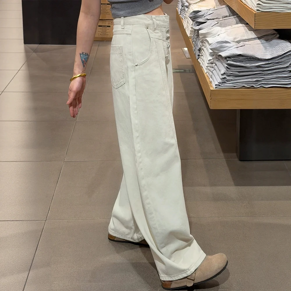 American Style White Denim Pants for Women High Waist Single-Breasted Design Loose Jeans Casual Straight Wide Leg Pants