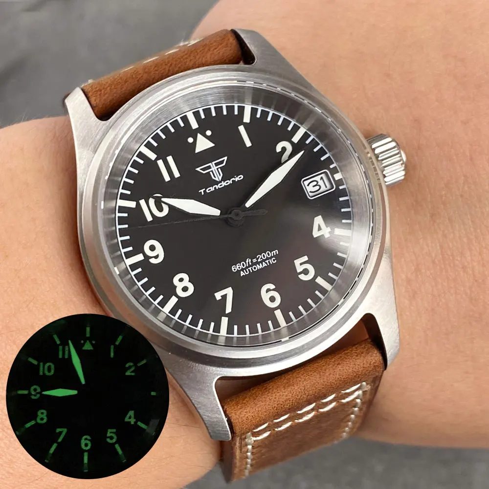 Tandorio Pilot Aviator Watch for Men Automatic NH35 PT5000 Movement 200m Waterproof Mechanical Black Dial Sapphire Crystal 36mm