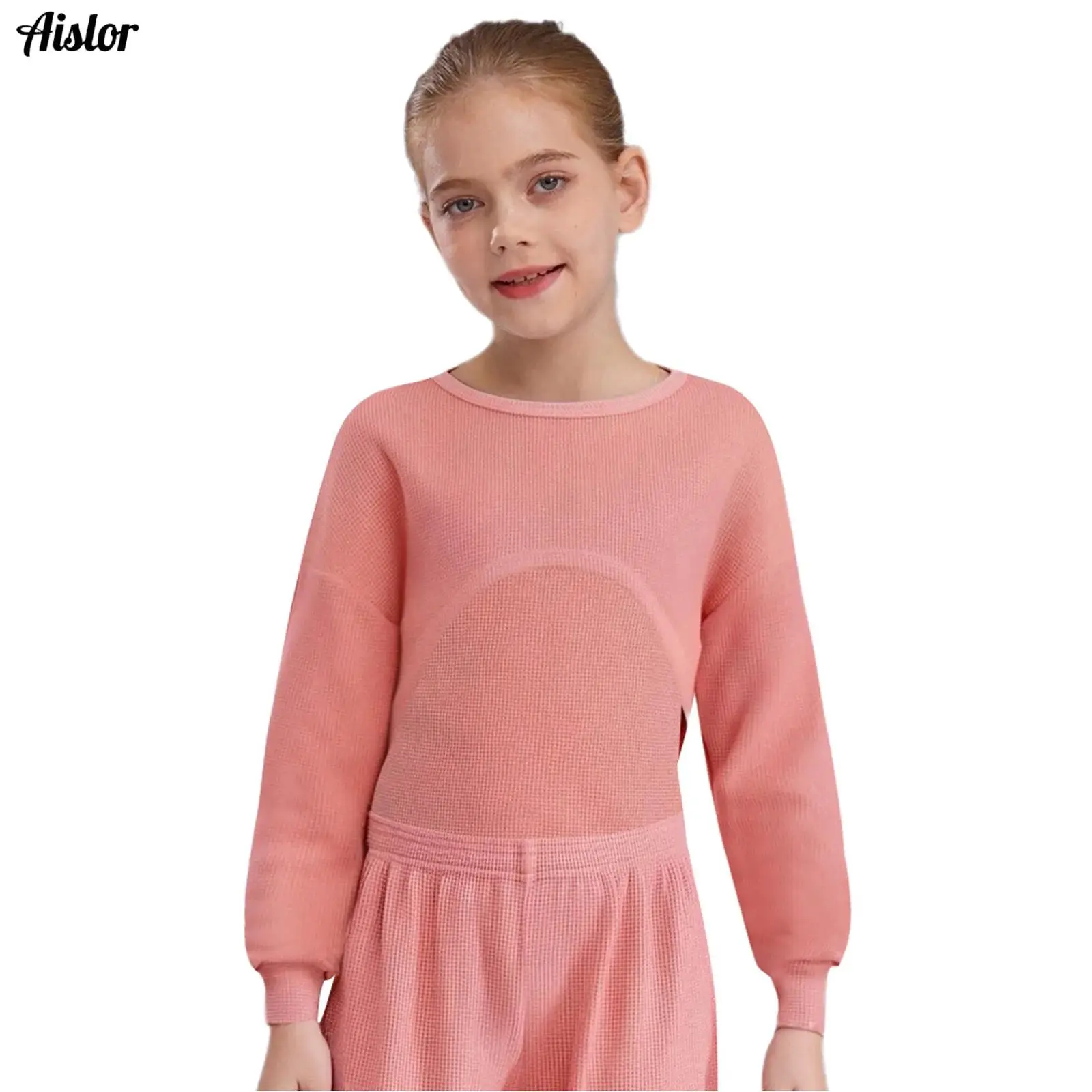 

Kids Girls Sweatshirt Waffle Solid Color Crop Top Round Neck Long Sleeve Pullover for Picnic Park Sport Holiday Casual Clothes