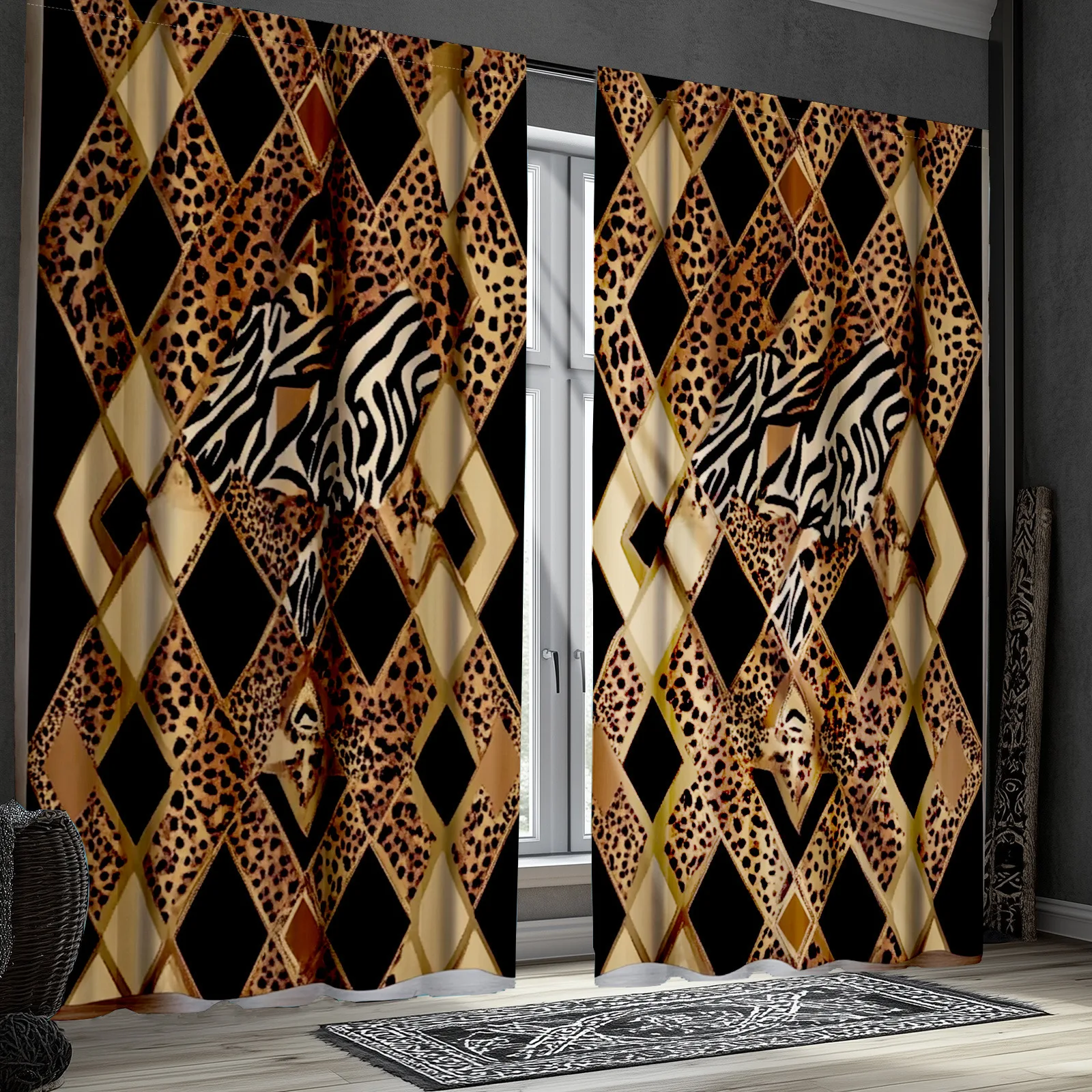 Leopard Zebra Print Curtains with Diamond Pattern Bold Animal Print Window Drapes for Modern Living Room Bedroom Decor
