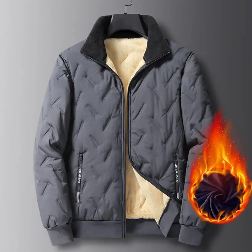 Chaqueta de solapa de Color sólido para hombre, abrigo con forro de felpa, líneas en relieve, bolsillos con cremallera, dobladillo elástico, estilo cálido