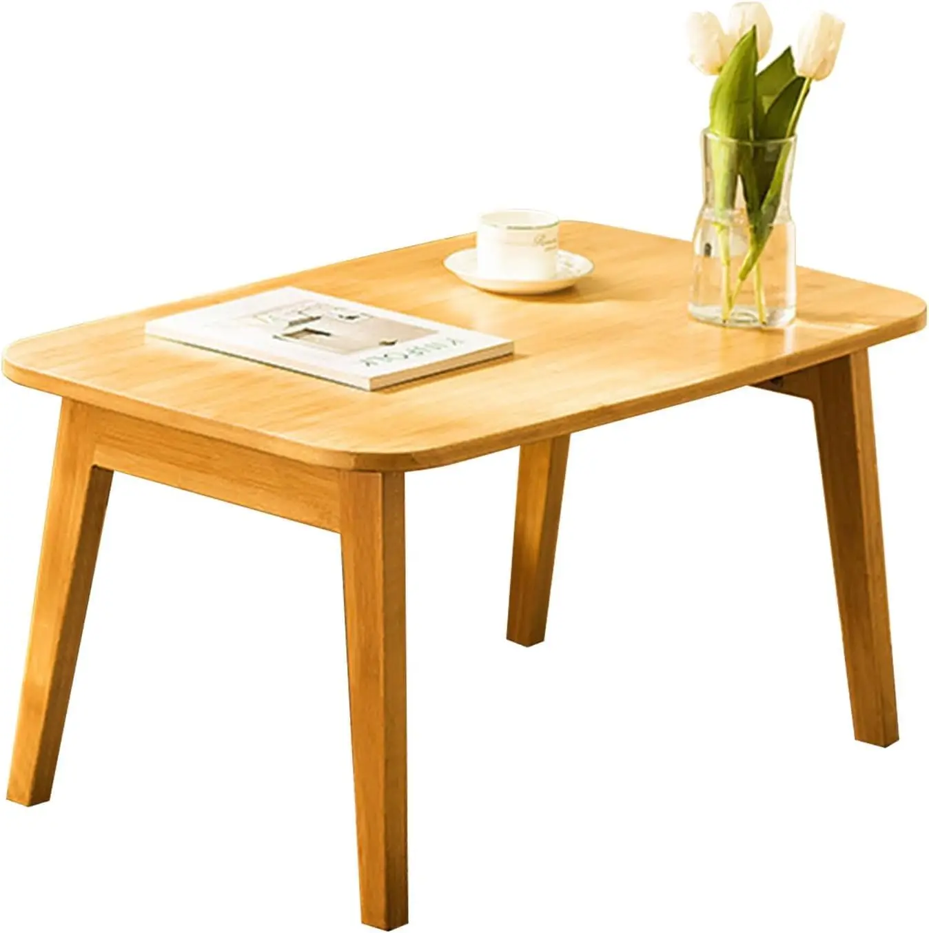 

31.5IN Natural Mid-Century Foldable Coffee Table - No-Assembly TV Stand &Center Table with Open Storage Shelf for Living Room/RV