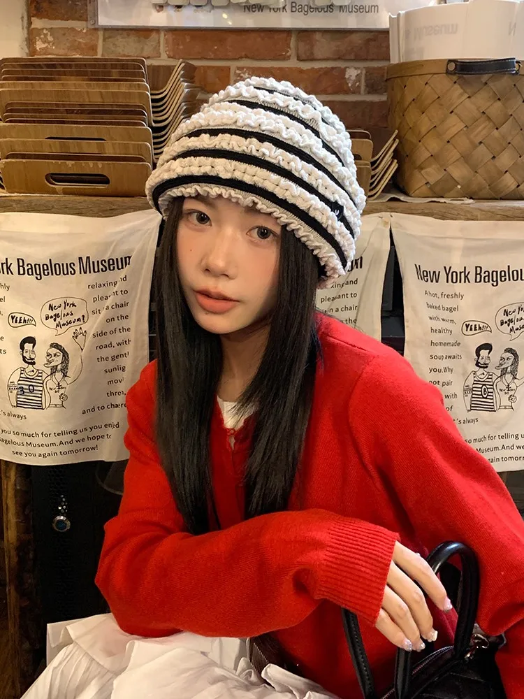 

Bla White Stripes Knitted Hat Women's Autumn Winter Small Face Flattering Foldable Lace Trim Hat Versatile No Ear Sle
