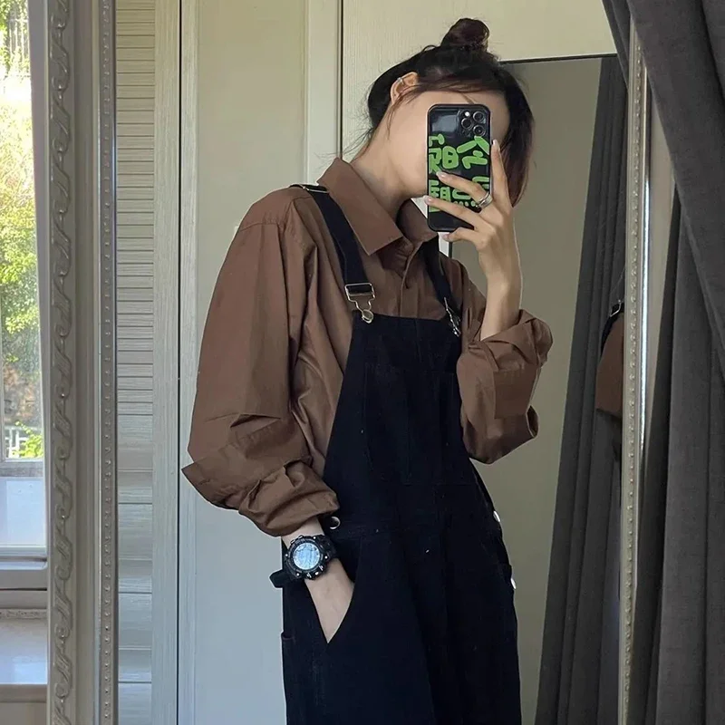 Gidyq koreanische Frauen Streetwear Shirts Mode alle passen weibliche lose Langarm Top lässige Knöpfe solide Kaffee Shirt Frühling neu