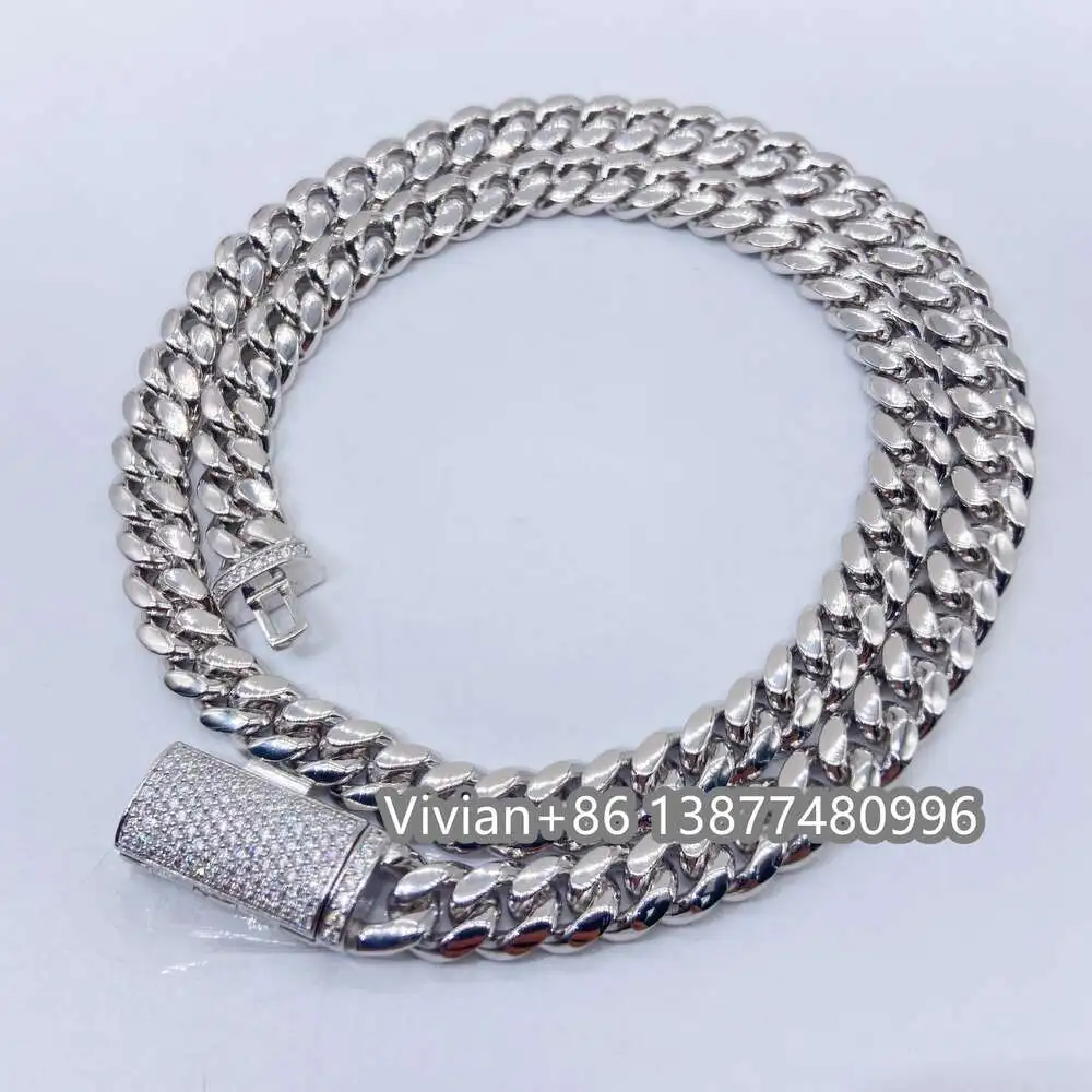 Ready to Ship Moissanite Clasp Lock Miami Thick 8mm Sterling Silver 925 Cuban Link Chain Necklace